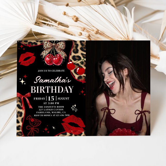 Invitation Leopard Cheetah Coquette Cherry Birthday Photo (Créateur téléchargé)