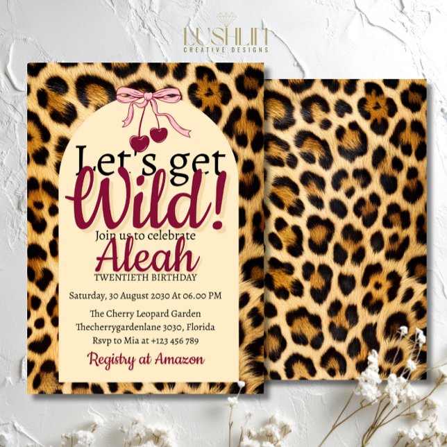 Invitation Leopard Cherry Pink Bow Birthday Cute & Glam (Créateur téléchargé)
