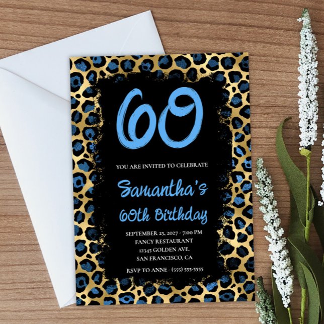 Invitation Léopard d'or bleu peint noir 60e anniversaire (Create your own blue and gold leopard birthday invitation.)