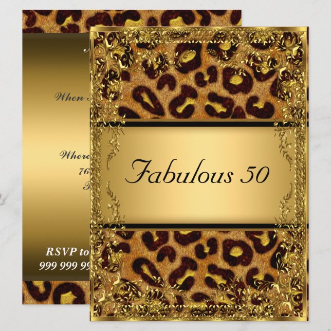 Invitation Léopard et Or Fabuleux à une fête d'anniversaire d (Devant / Derrière)
