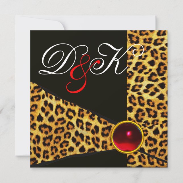 INVITATION LEOPARD FUR RIBBON, ROUGE RUBY GEMSTONE MONOGRAMME (Devant)
