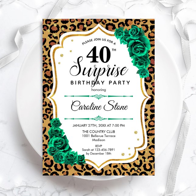 Invitation Leopard Gold White Green Surprise 40e anniversaire (Créateur téléchargé)