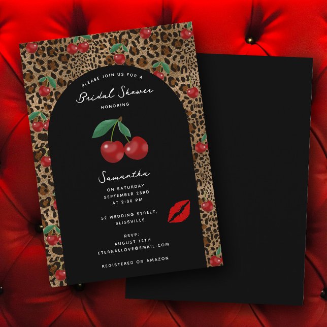Invitation Leopard Guépard Impression Animale Cerise Enterrem (Leopard Cheetah Animal Print Cherry Bridal Shower Invitation)