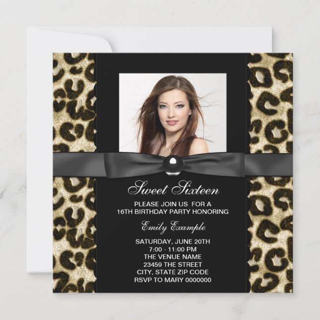 Invitation Leopard Photo Sweet 16 Anniversaire (Devant)