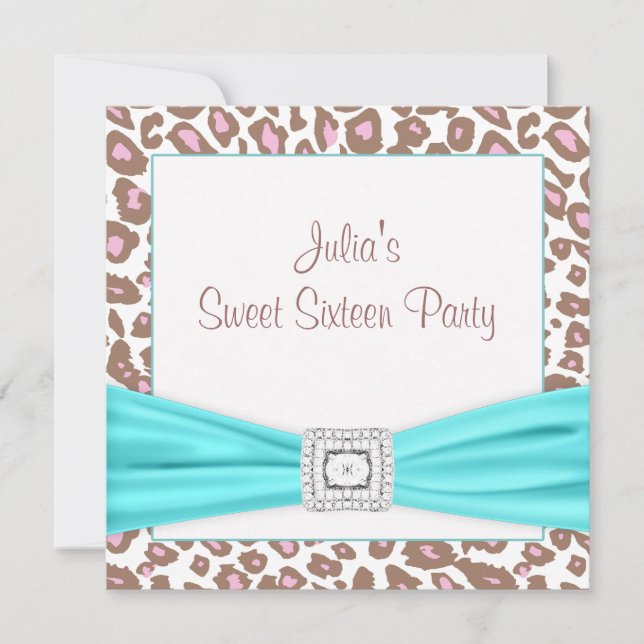 Invitation Leopard Posh rose Turquoise Sweet sixteen diamant (Devant)