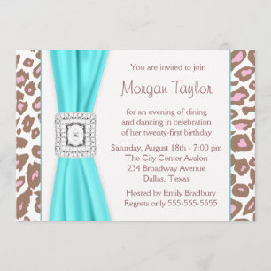 Invitation Léopard rose Brown Turquoise 21e anniversaire