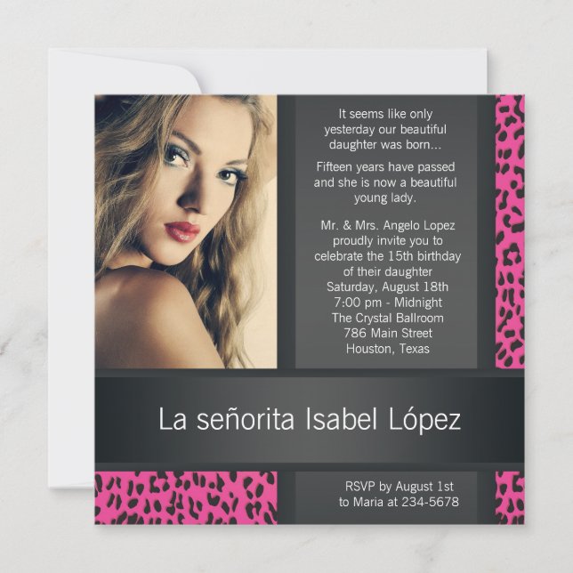 Invitation Leopard rose chaud photo personnalisée Quinceanera (Devant)