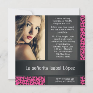 Invitation Leopard rose chaud photo personnalisée Quinceanera
