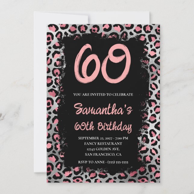 Invitation Leopard rose en argent peint noir 60e anniversaire (Devant)