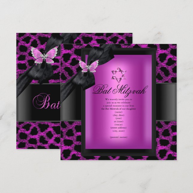 Invitation Léopard Rose Papillon Bat Mitzvah (Devant / Derrière)