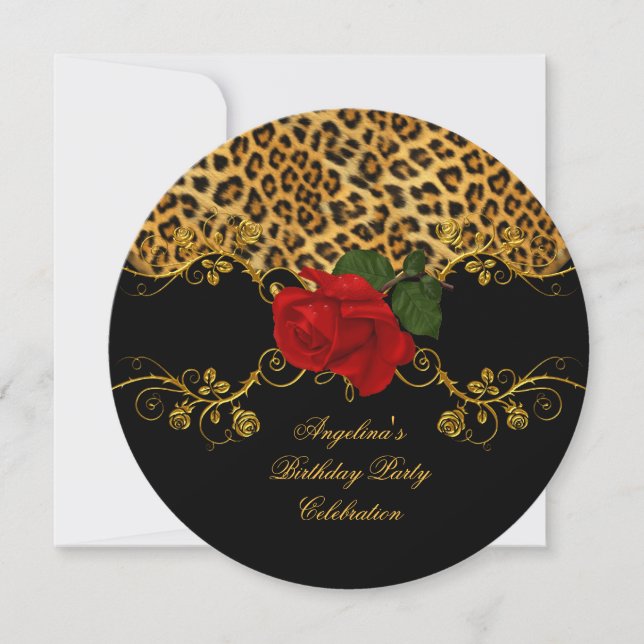 Invitation Leopard Rose Red Black Gold Anniversaire Party 2 (Devant)