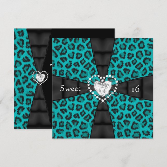 Invitation Leopard Turquoise Sweet 16 Seize Anniversaire (Devant / Derrière)