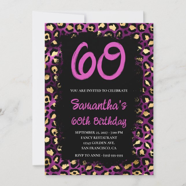 Invitation Leopard violet or peint noir 60e anniversaire (Devant)