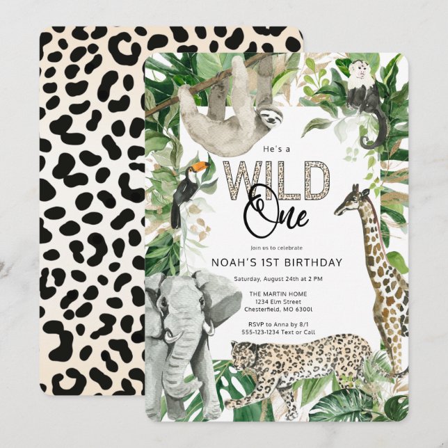 Invitation Leopard Wild Un premier anniversaire (Devant / Derrière)