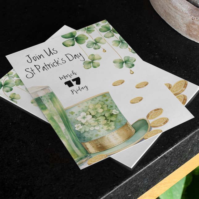 Invitation Leprechaun Casquette et Green Beer St Patrick's Da (Lime green and gold St Patrick's Day customizable party invitation with Irish top hat and coins. )