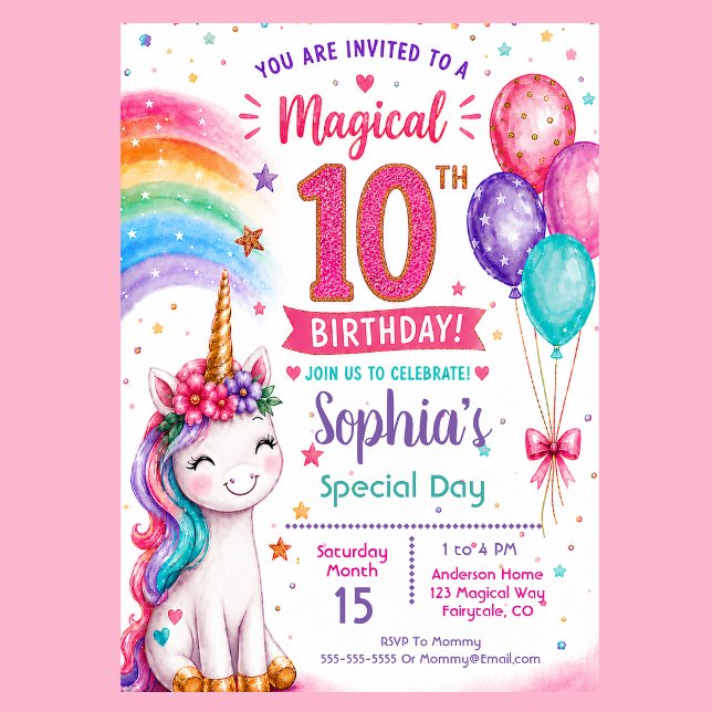 Invitation Les 10 ans de la fille licorne magique (Magical unicorn 10th birthday invitation with rainbow balloons pastel stars and cute unicorn party )