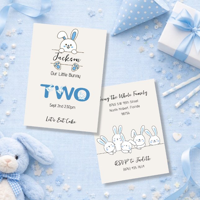 Invitation Les 2 ans du mignon petit garçon lapin bleu (Créateur téléchargé)