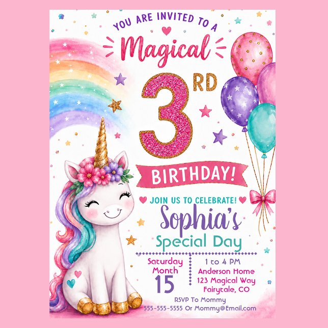 Invitation Les 3 ans de la fille licorne magique (Cute magical unicorn 3rd birthday invitation with pastel rainbow balloons and glitter pink number )