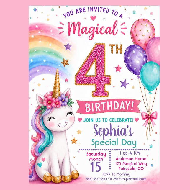 Invitation Les 4 ans de la fille licorne magique (Cute magical unicorn 4th birthday invitation with pastel rainbow balloons and glitter pink number )