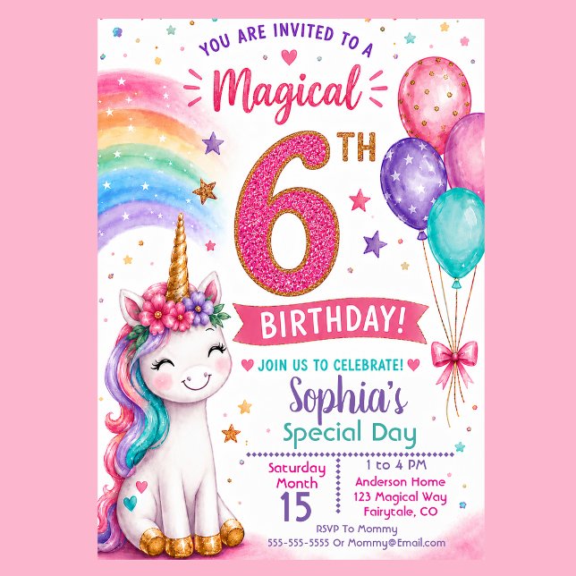 Invitation Les 6 ans de la fille licorne magique (Magical unicorn 6th birthday invitation with rainbow balloons pastel stars and cute unicorn party )