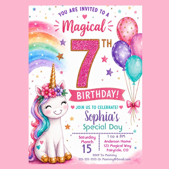 Invitation Les 7 ans de la fille licorne magique (Magical unicorn 7th birthday invitation with rainbow balloons pastel stars and cute unicorn party )