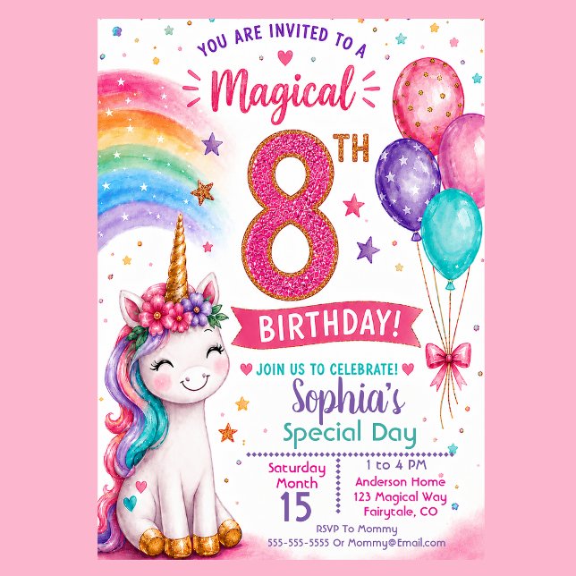 Invitation Les 8 ans de la fille licorne magique (Magical unicorn 8th birthday invitation with rainbow balloons pastel stars and cute unicorn party )