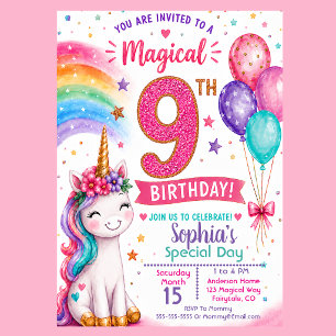Invitation Les 9 ans de la fille licorne magique