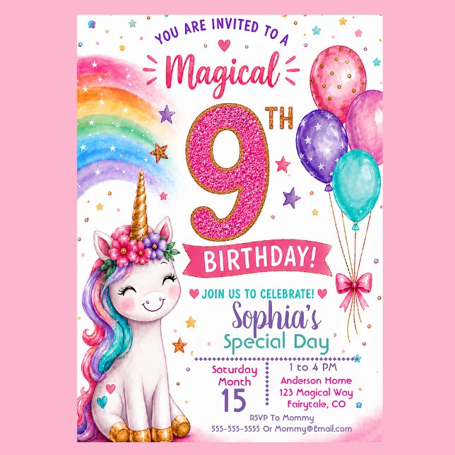 Invitation Les 9 ans de la fille licorne magique (Magical unicorn 9th birthday invitation with rainbow balloons pastel stars and cute unicorn party )