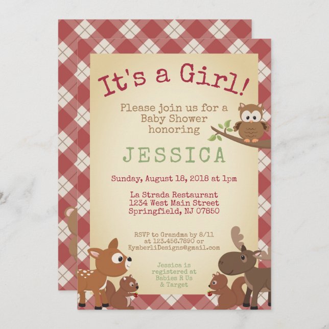 Invitation Les animaux de bois C'est une fille ! baby shower (Devant / Derrière)