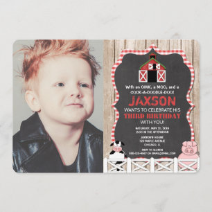 Invitation Les animaux de ferme anniversaire garçon rouge noi