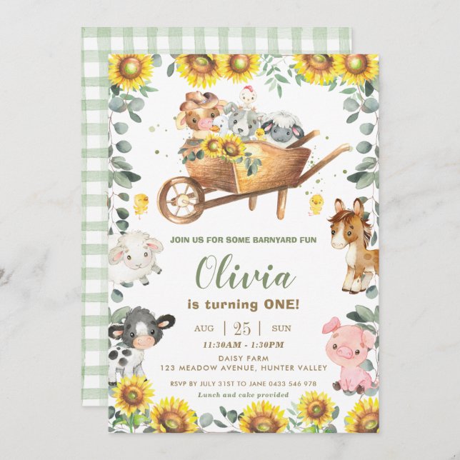 Invitation Les animaux de ferme de Sunflower Green Birthday (Devant / Derrière)