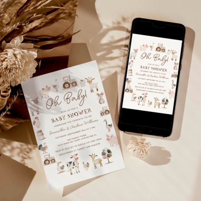 Invitation Les animaux de ferme mignons Baby shower neutre (Créateur téléchargé)