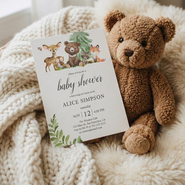 Invitation Les animaux de forêt de bois Baby shower rustique (Créateur téléchargé)