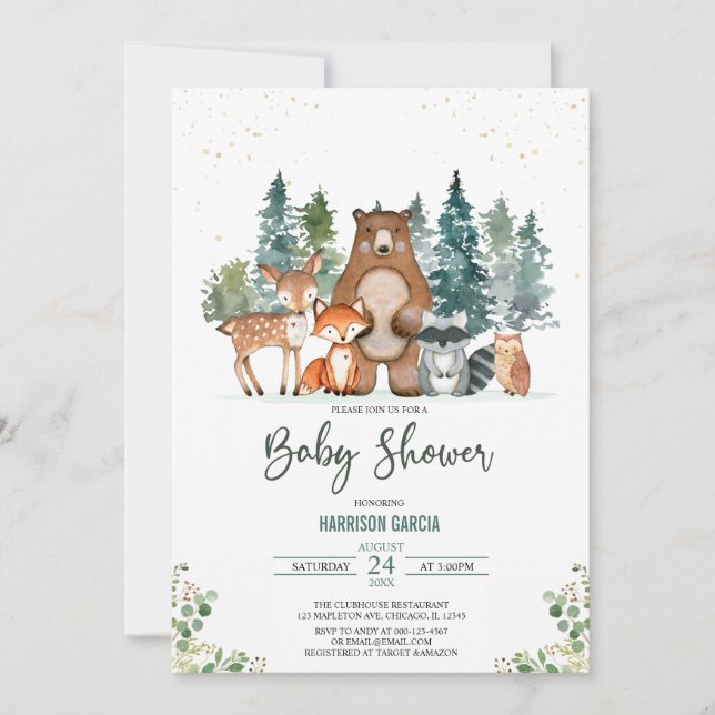 Invitation Les animaux de la forêt d'hiver Baby shower des bo (Devant)