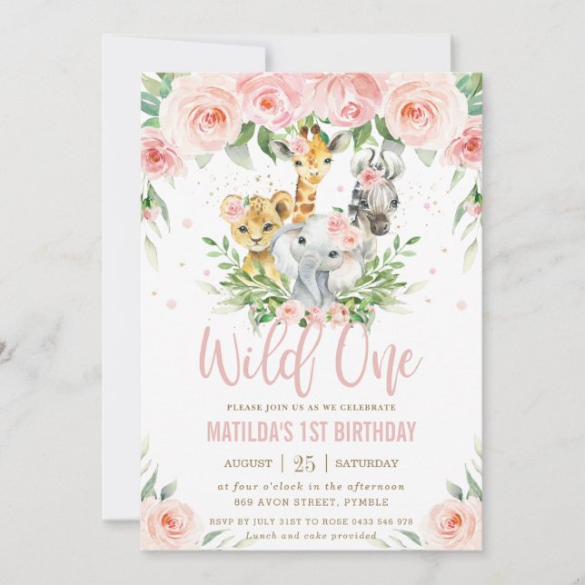 Invitation Les animaux de la jungle Blush Floral 1er Annivers (Devant)