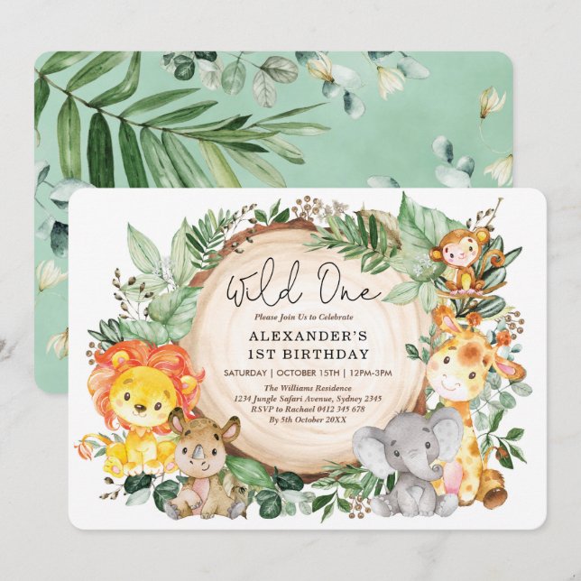 Invitation Les animaux de la Jungle botanique sauvages un 1er (Devant / Derrière)
