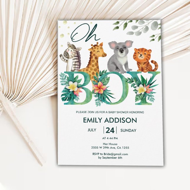 Invitation Les animaux de la jungle verdoyante Oh Baby shower (Greenery Jungle Animals Oh Boy Safari Baby Shower Invitation)