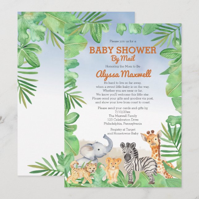 Invitation Les animaux de Safari mignons | Baby shower verdoy (Devant / Derrière)