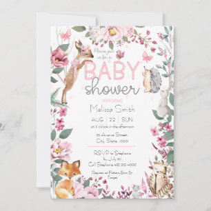 Invitation Les animaux des bois Baby shower rose