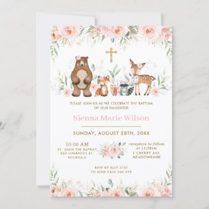 Invitation Les animaux des bois Blush Floral Baptism Christen