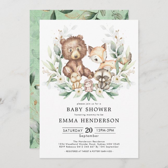 Invitation Les animaux des bois Le Baby shower verdoyant et n (Devant / Derrière)