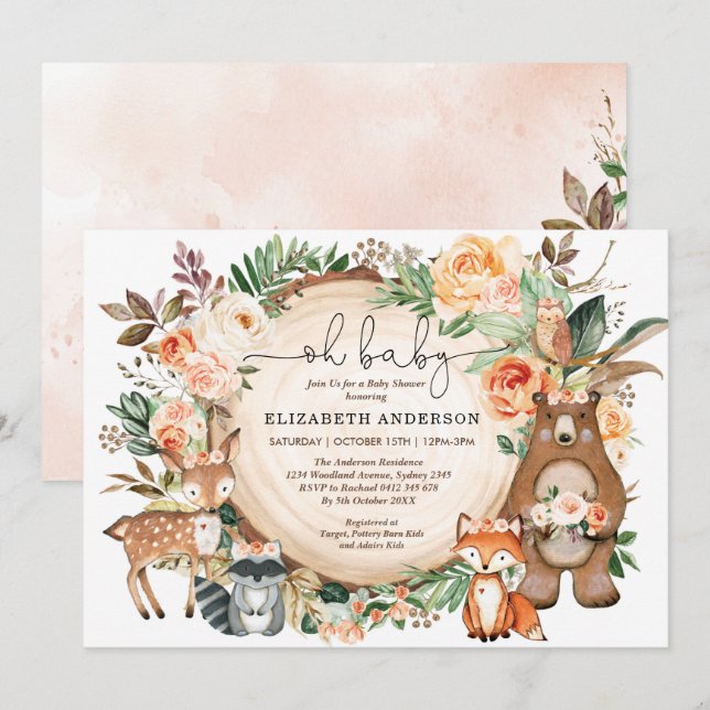 Invitation Les animaux des bois pêchent le Baby shower floral (Devant / Derrière)