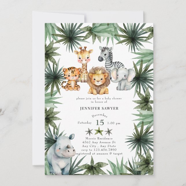 Invitation Les animaux Safari | Prince | Baby shower aquarell (Devant)