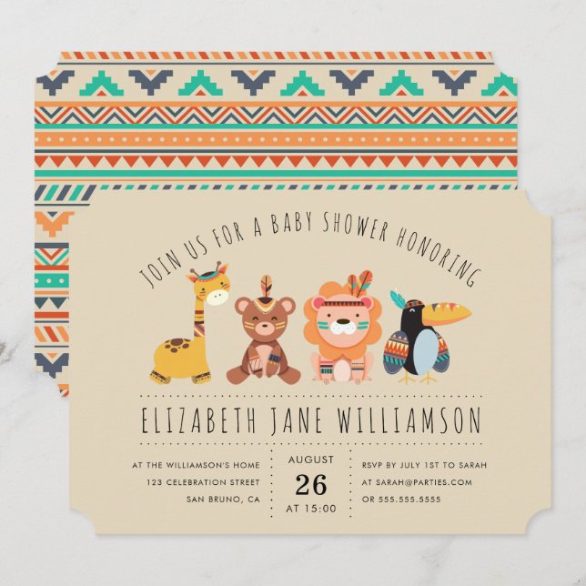 Invitation Les animaux Safari tribaux | Soirée Baby shower (Devant / Derrière)