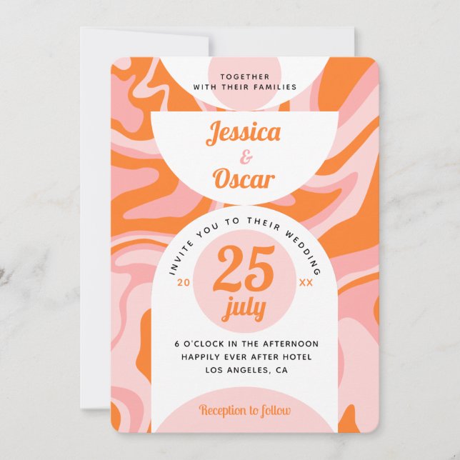 Invitation Les années 70 rétro Liquide Swirl Boho rose Orange (Devant)