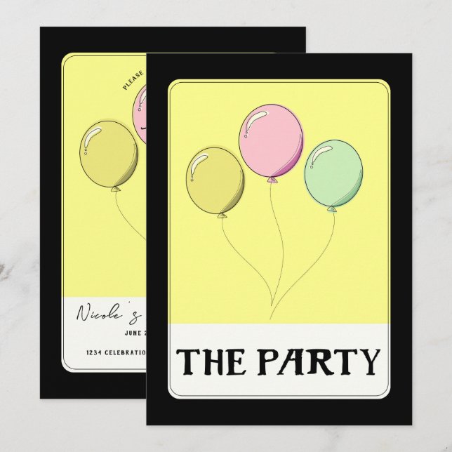 Invitation LES BALLONS DE FÊTE Jaune Style Tarot Anniversaire (Devant / Derrière)
