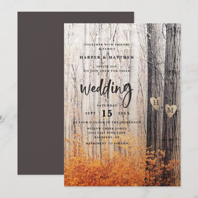 Invitation Les deux amoureux sculptés Arbres d'automne Mariag (Devant / Derrière)