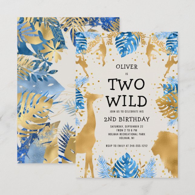 Invitation Les Deux Garçons Sauvages 2e Anniversaire Bleu Ecr (Devant / Derrière)