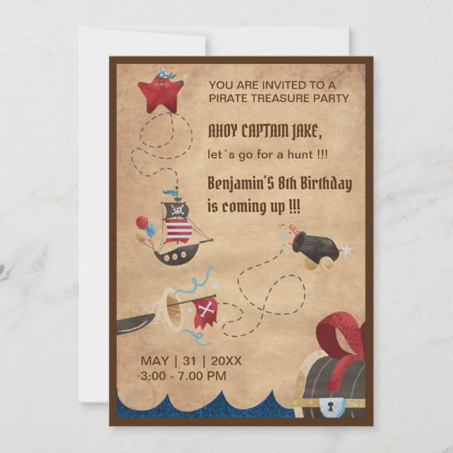 Invitation les enfants ahoé pirate trésor chasse anniversaire (Devant)