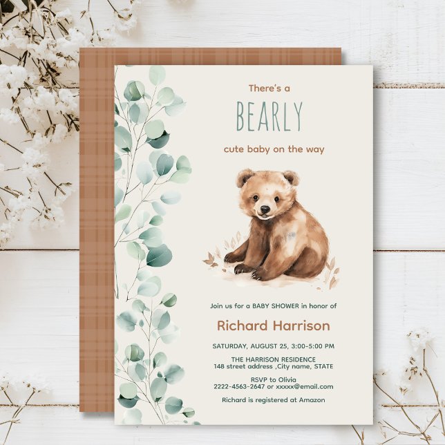 Invitation Les feuilles de la forêt mignonne portent une invi (Watercolor bear sage green beige eucalyptus Minimalistic watercolor gender neutral baby shower)